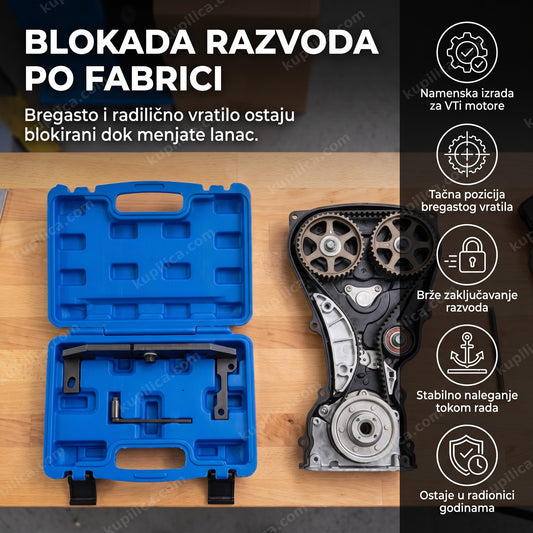 alat za zupčenje vti motora u otvorenom plavom koferu u radionici