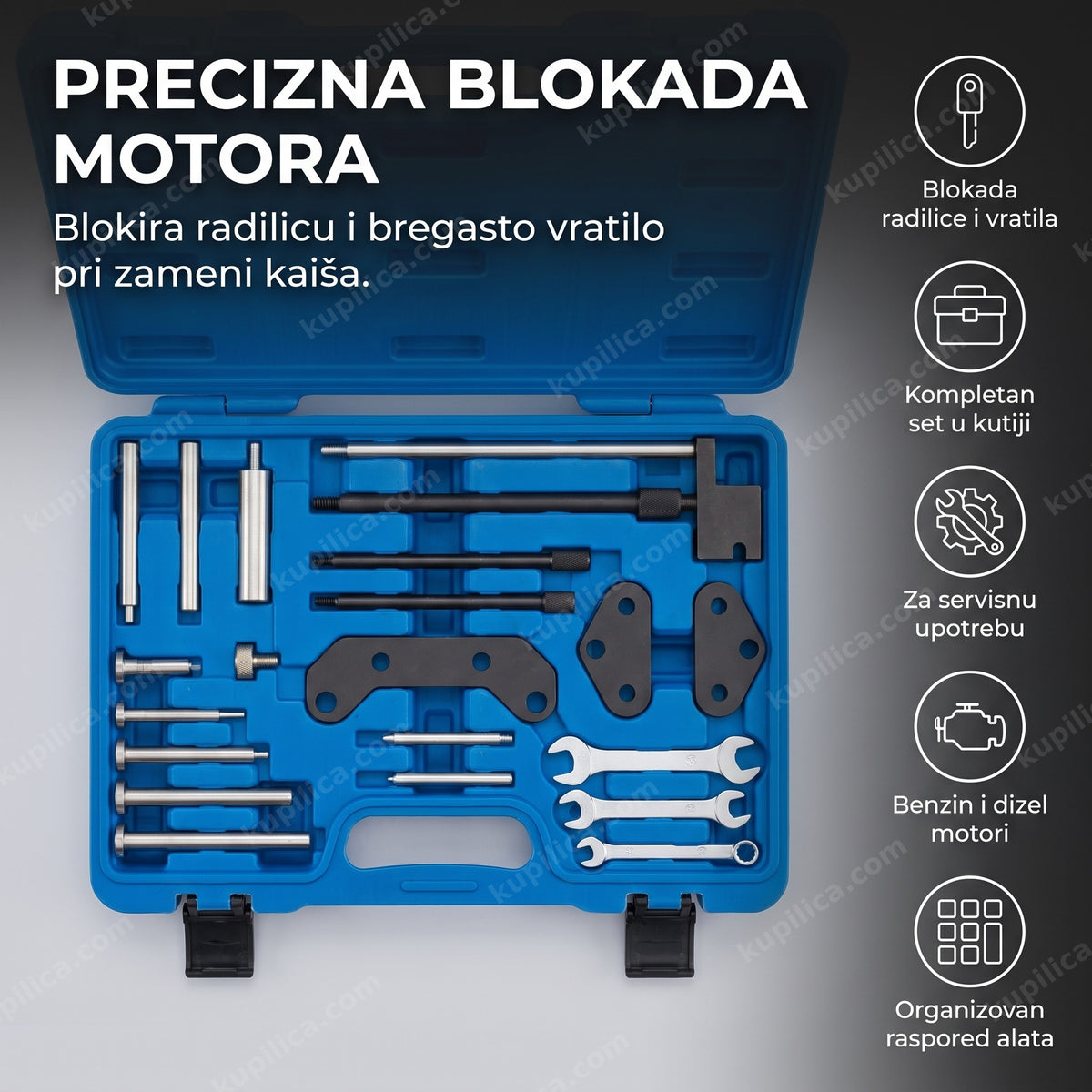 plavi kofer pun alata za zupčenje motora na neutralnoj podlozi