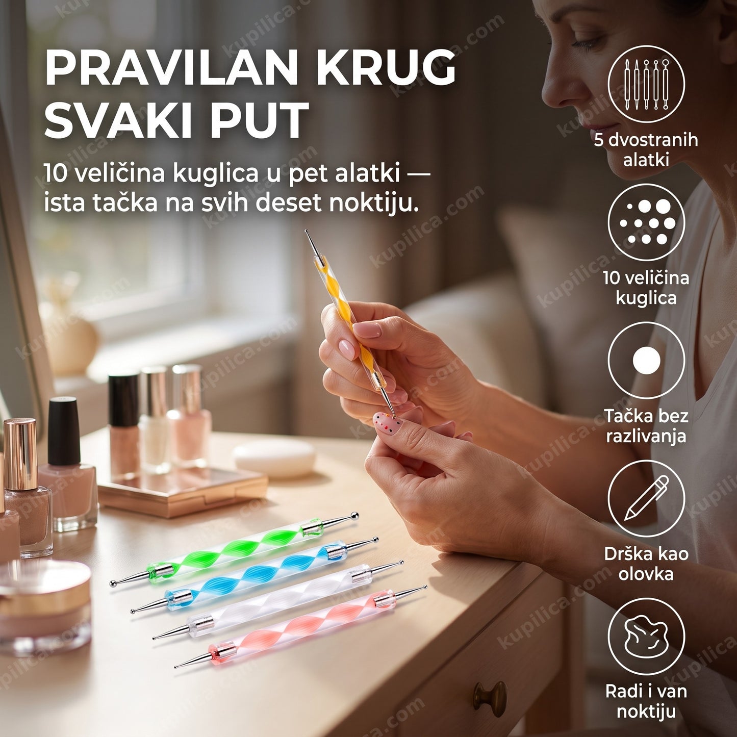 set alatki za tačkanje noktiju — žena pravi tačke na noktima kod kuće, 10 veličina kuglica