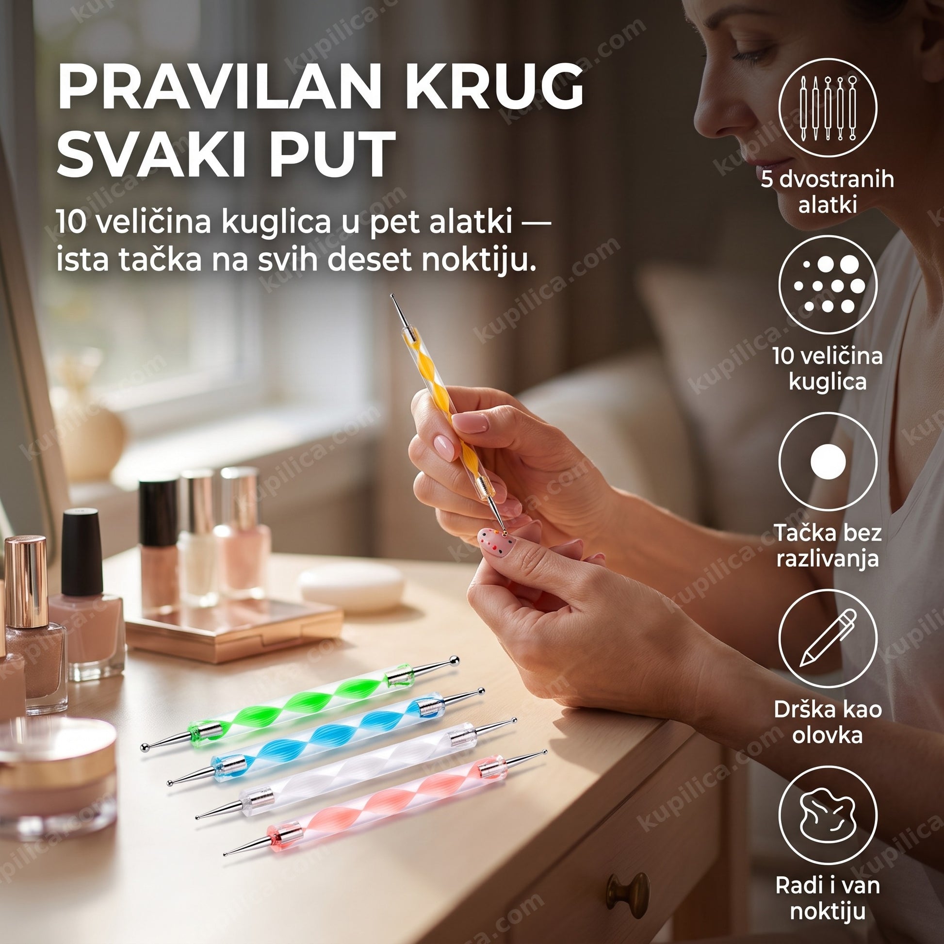 set alatki za tačkanje noktiju — žena pravi tačke na noktima kod kuće, 10 veličina kuglica