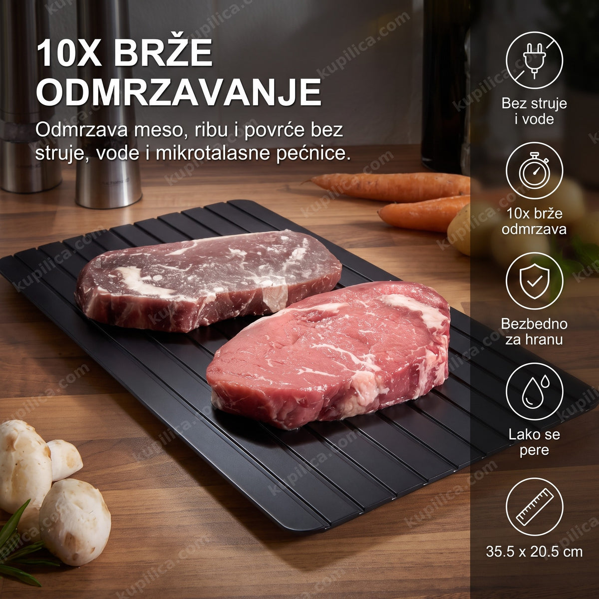 aluminijumska ploča za odmrzavanje mesa — odmrzavanje stejka na kuhinjskom pultu