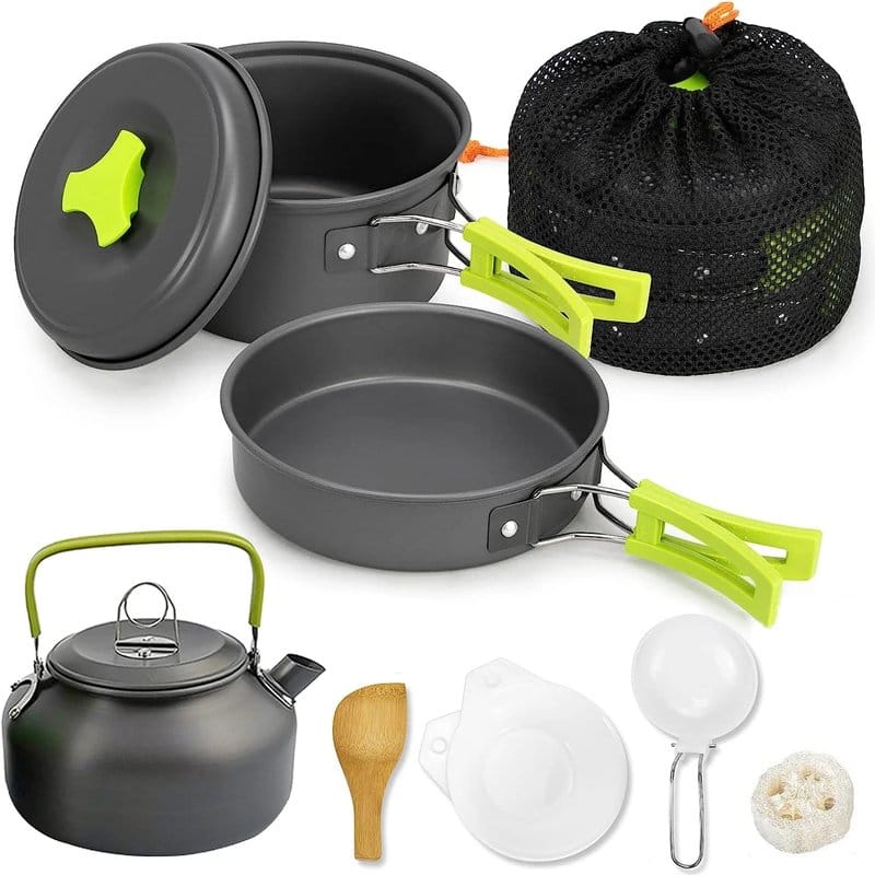 aluminijumski set za kuvanje u prirodi od 10 delova sa šerpom, tiganjem, čajnikom i torbicom