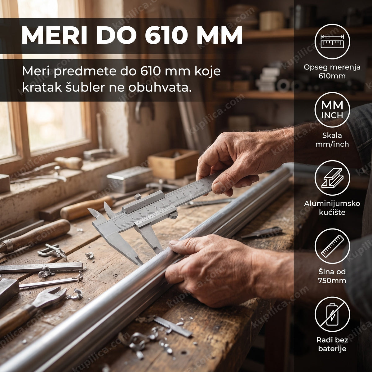 aluminijumski šubler 750mm koristi majstor za merenje metalnog profila u radionici, prikaz benefiti proizvoda