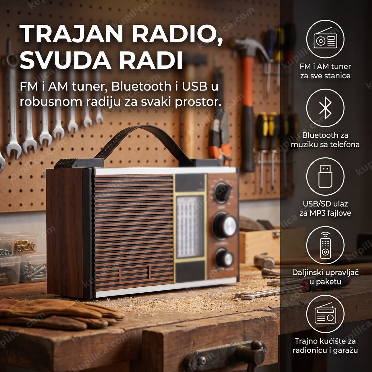 am fm radio za radionicu i garažu na radnom stolu sa alatom, benefiti proizvoda