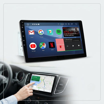 Android GPS multimedija za auto Leovin — početni ekran sa aplikacijama i ruka vozača na mapi u instrument tabli