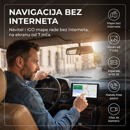 android gps multimedija za auto leovin — vozač gleda navigaciju na ekranu od 7 inča u automobilu, mape rade bez interneta