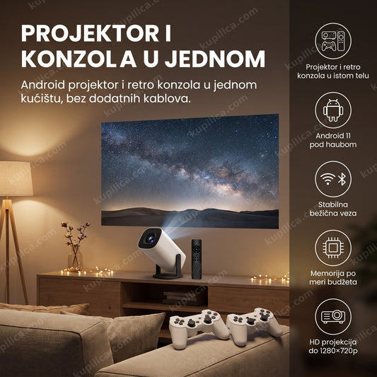 android projektor i retro konzola projektuje sliku na zid dnevne sobe uveče, benefiti proizvoda
