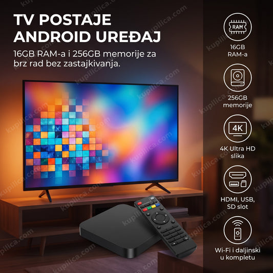 Crn Android TV box sa 256GB memorije na polici ispod televizora uveče, benefiti proizvoda