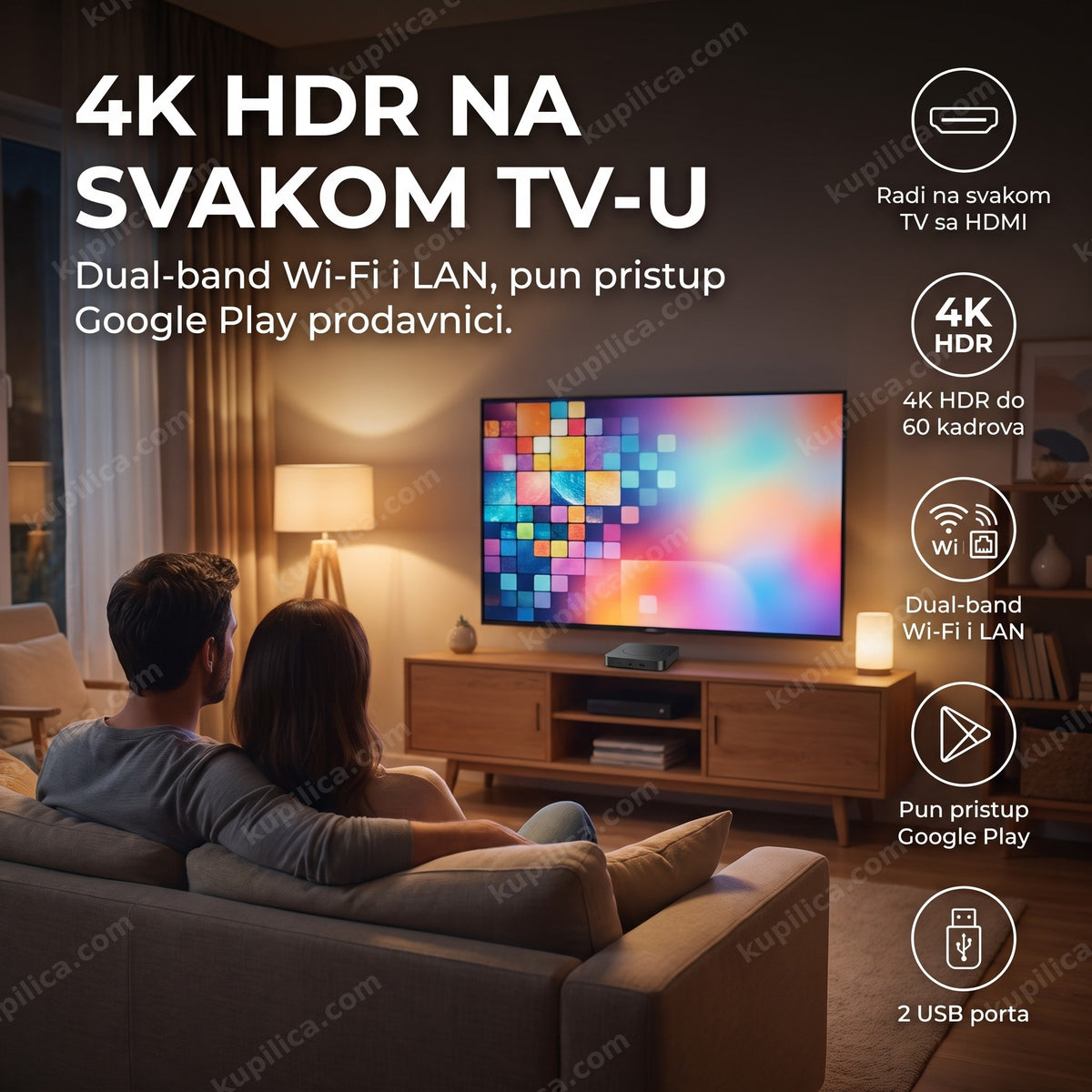 Crn zaobljen Android TV box sa 4K HDR slikom u porodičnoj dnevnoj sobi, benefiti proizvoda