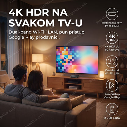Crn zaobljen Android TV box sa 4K HDR slikom u porodičnoj dnevnoj sobi, benefiti proizvoda