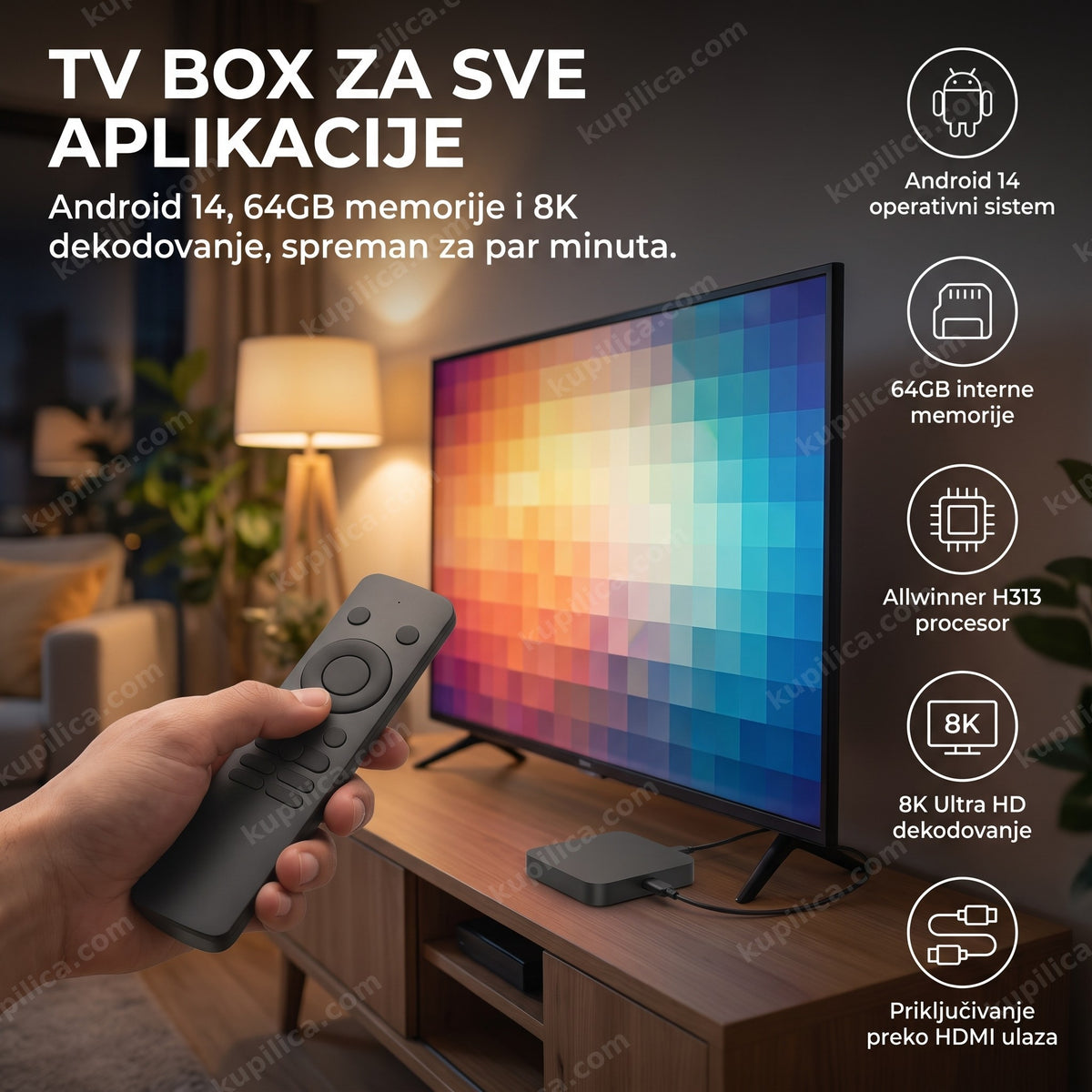 android tv box 8k 64gb povezan na televizor u dnevnoj sobi, benefiti proizvoda