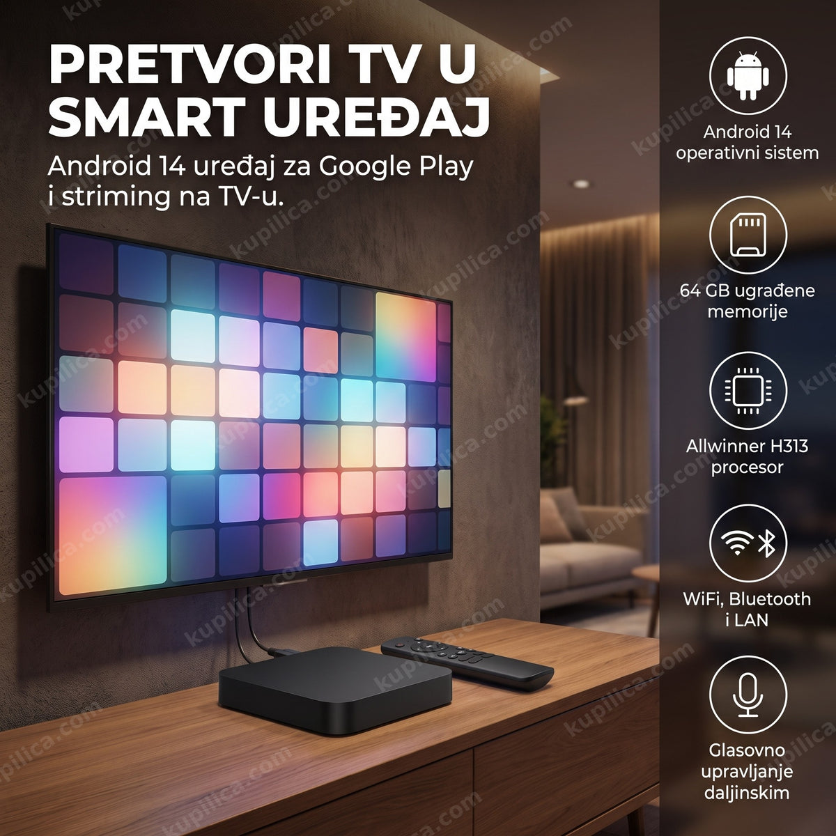 Android TV box 8k povezan na televizor sa apstraktnom šarenom pozadinom na ekranu, benefiti proizvoda