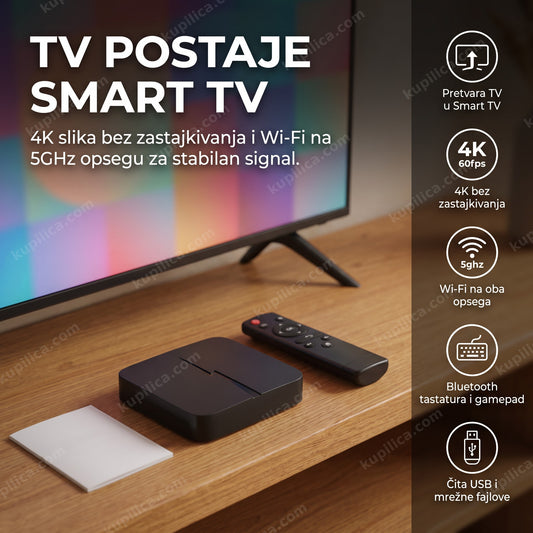 Crn Android TV box sa Android 11, daljinski na drvenoj polici, benefiti proizvoda