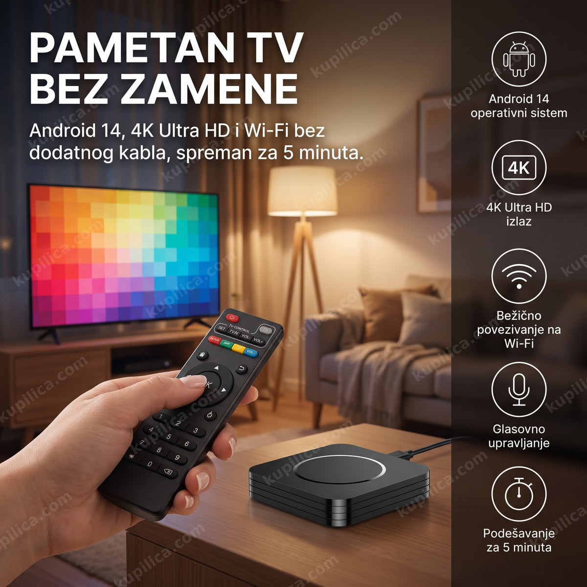 android tv box android 14 povezan na televizor u dnevnoj sobi, benefiti proizvoda