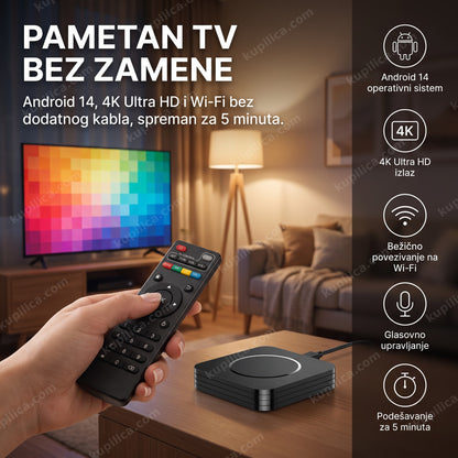 android tv box android 14 povezan na televizor u dnevnoj sobi, benefiti proizvoda