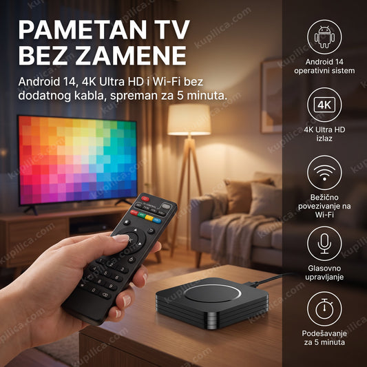 android tv box android 14 povezan na televizor u dnevnoj sobi, benefiti proizvoda