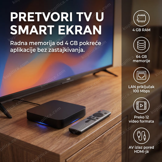 android tv box ispred televizora pored daljinskog upravljača