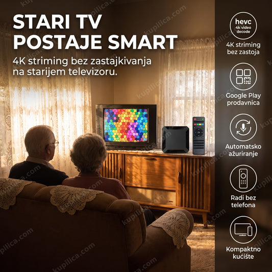 Android TV box priključen na televizor u dnevnoj sobi starijeg para