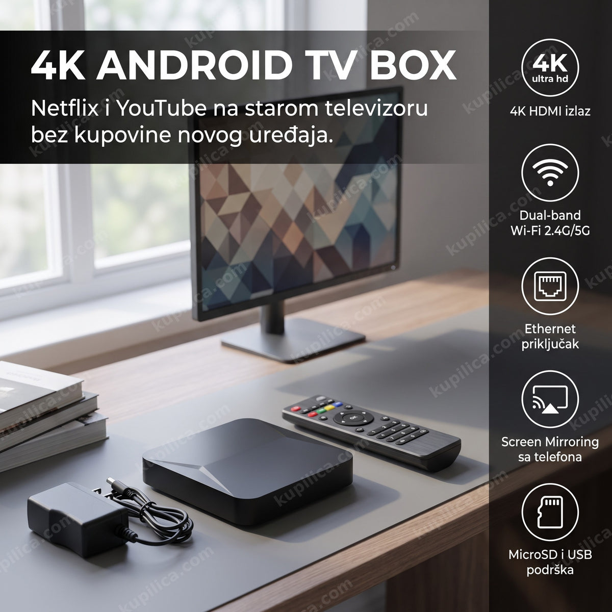 Android TV box pored monitora u modernoj kancelariji, prikazani benefiti uređaja