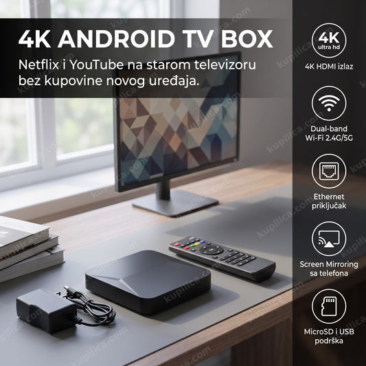 Android TV box pored monitora u modernoj kancelariji, prikazani benefiti uređaja
