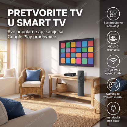 Android TV box povezan na televizor u dnevnoj sobi, benefiti proizvoda