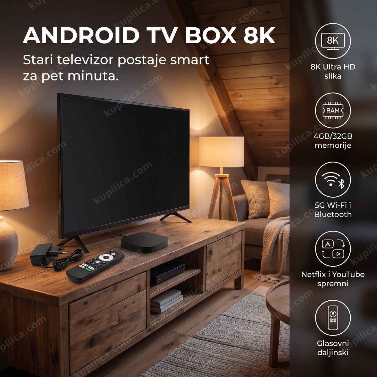 Android TV box sa daljinskim na TV komodi uveče, benefiti proizvoda