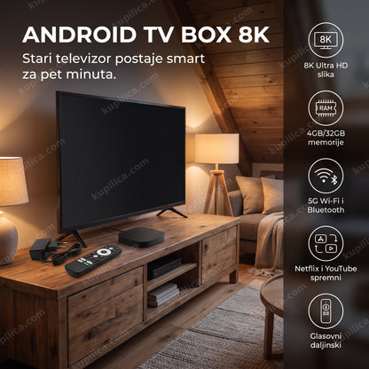 Android TV box sa daljinskim na TV komodi uveče, benefiti proizvoda
