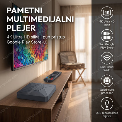 Android TV box pored televizora u hotelskoj sobi sa koferom u pozadini