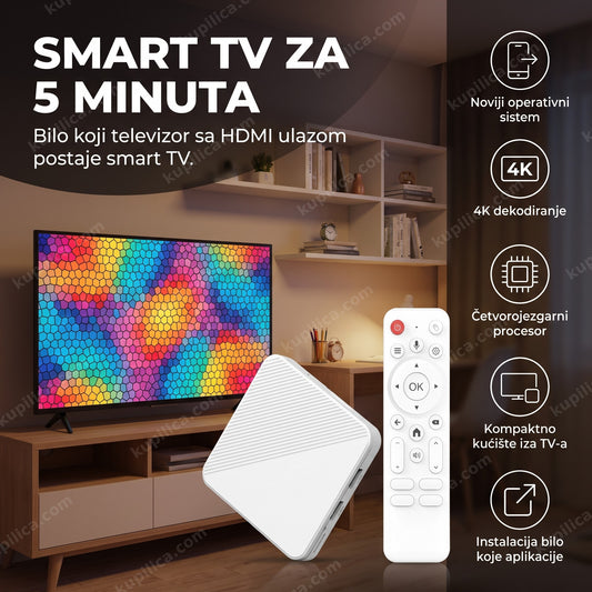 Bela android tv box kutija i daljinski upravljač u studentskoj sobi