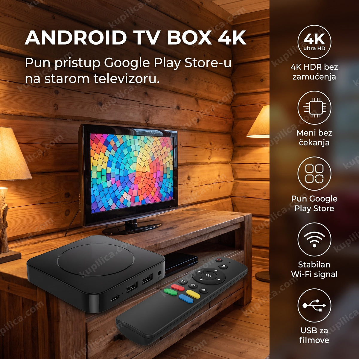 Android TV box sa daljinskim upravljačem na polici u brvnari