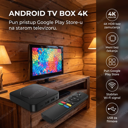 Android TV box sa daljinskim upravljačem na polici u brvnari