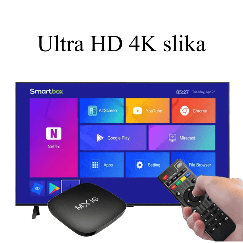 crni MX10 tv box i daljinski upravljač ispred ekrana sa Netflix i YouTube ikonicama