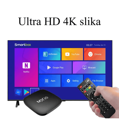 crni MX10 tv box i daljinski upravljač ispred ekrana sa Netflix i YouTube ikonicama