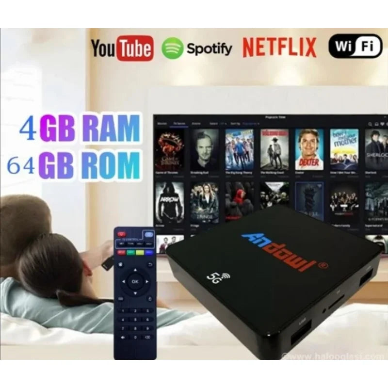 android tv box Q-T9 povezan na televizor u dnevnoj sobi
