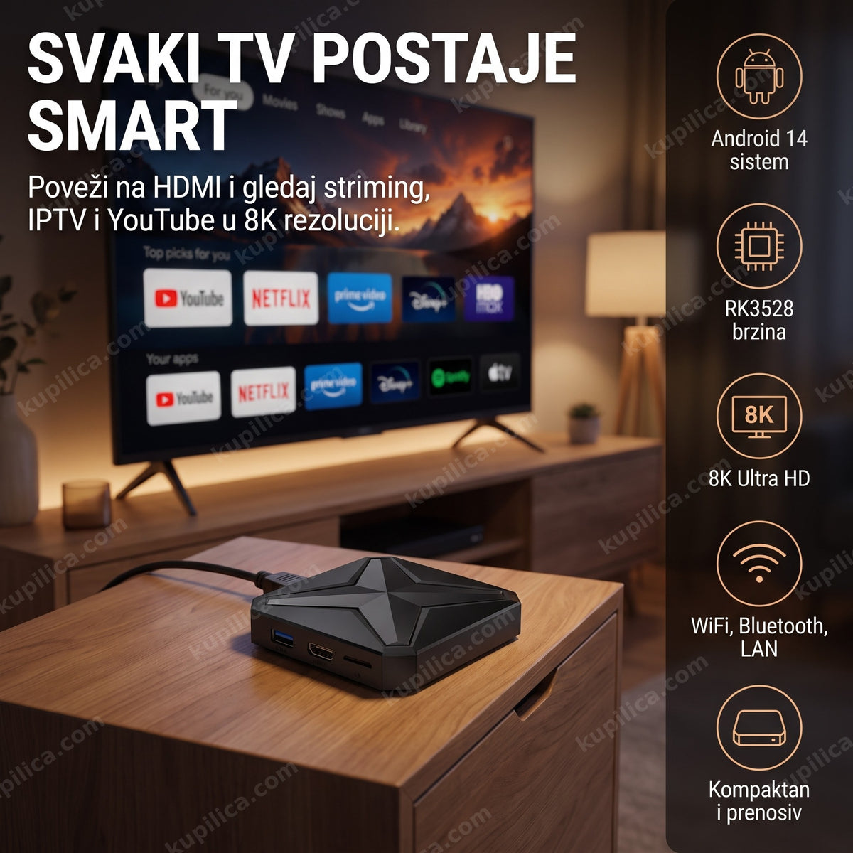 android tv box Q1 Mini S na TV komodi pored televizora