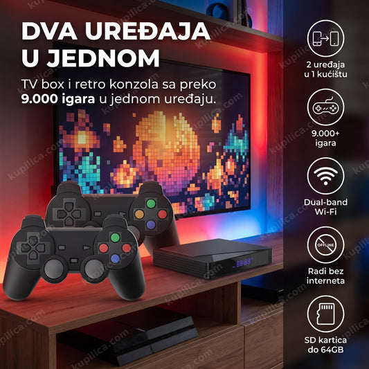 Crn Android TV box i retro konzola sa džojsticima u gaming kutku, benefiti proizvoda