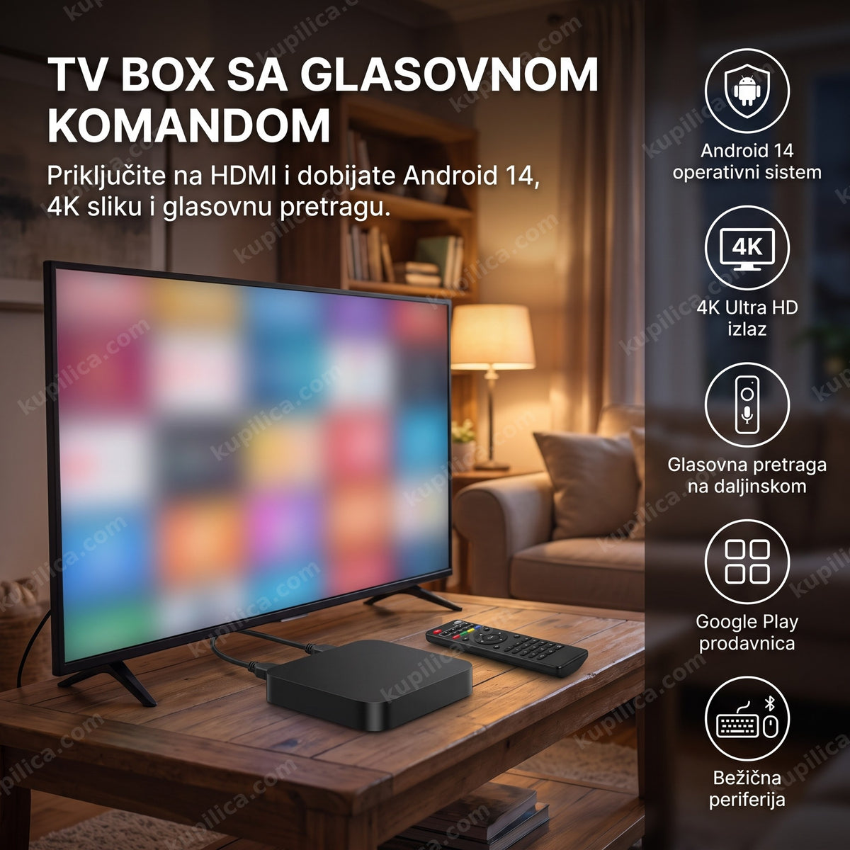 android tv box sa glasovnom komandom povezan na televizor u dnevnoj sobi, benefiti proizvoda