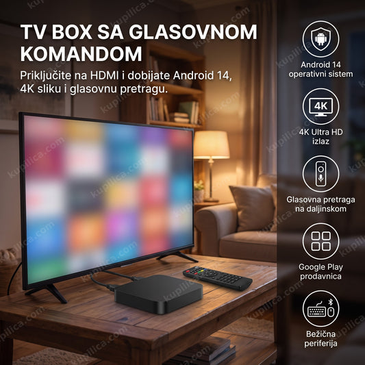 android tv box sa glasovnom komandom povezan na televizor u dnevnoj sobi, benefiti proizvoda