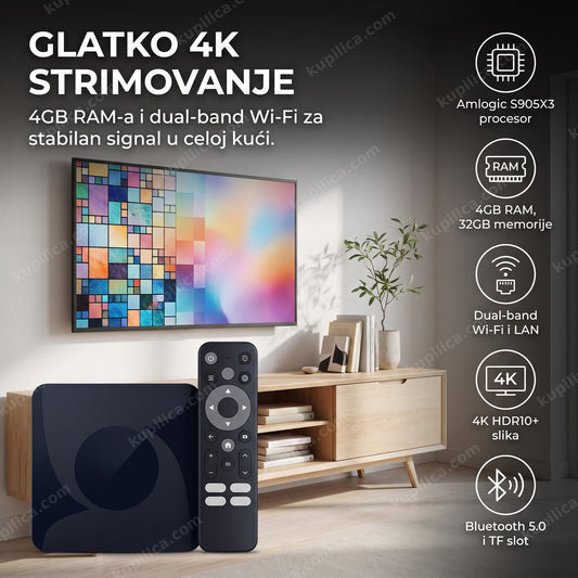 Tamnoplavi Android TV box sa Wi-Fi vezom na komodi u dnevnoj sobi, benefiti proizvoda