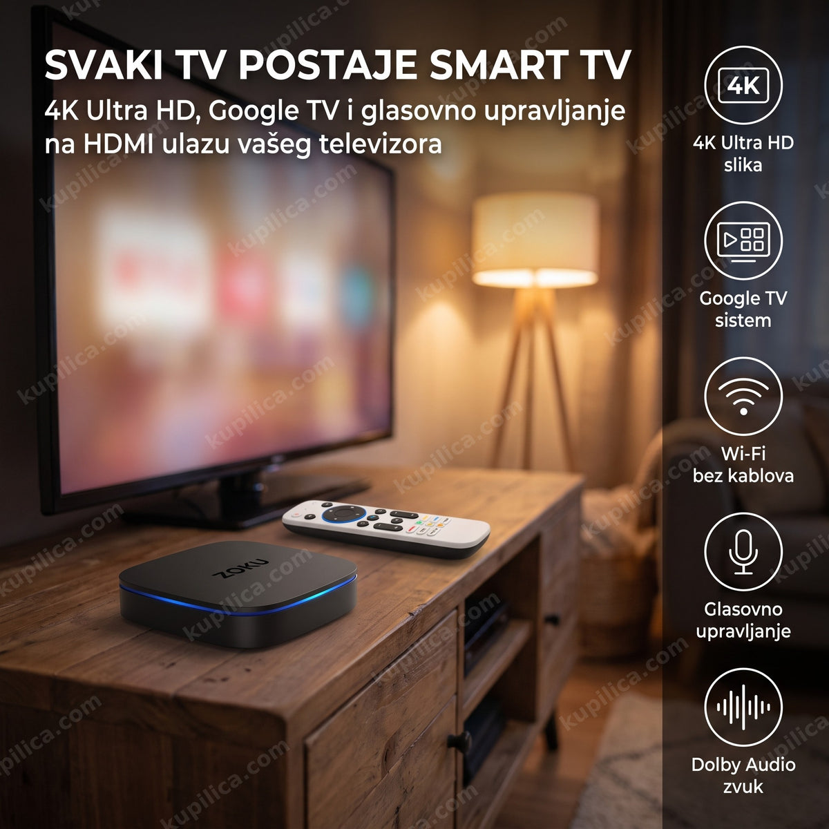 android tv box ZOKU 4K Plus — uređaj i daljinski upravljač na TV komodi