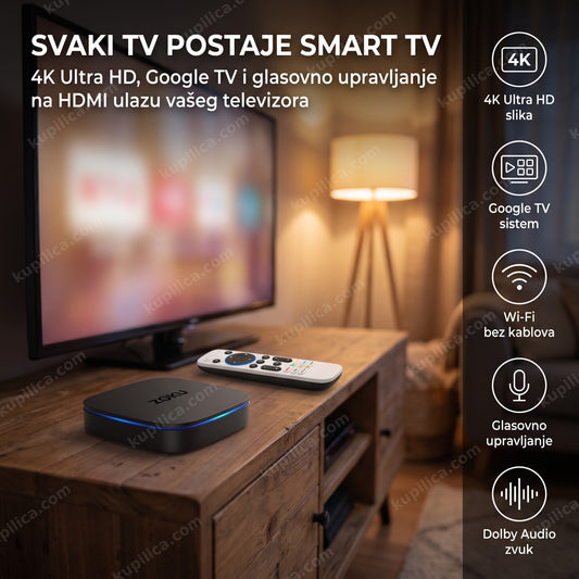 android tv box ZOKU 4K Plus — uređaj i daljinski upravljač na TV komodi