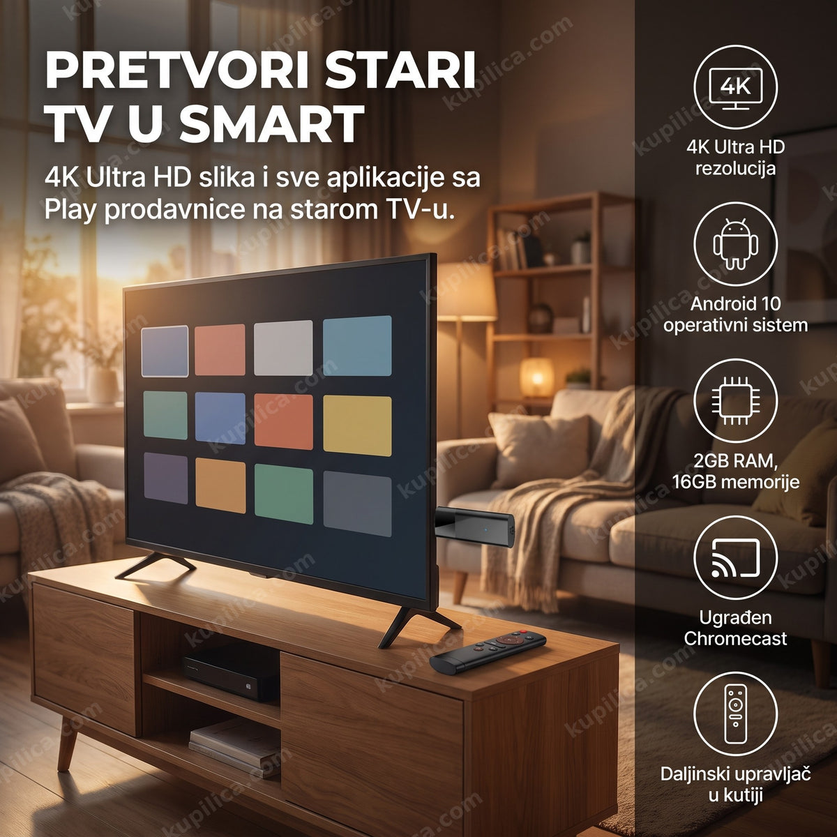 android tv stick povezan na televizor u dnevnoj sobi sa daljinskim upravljačem, benefiti proizvoda