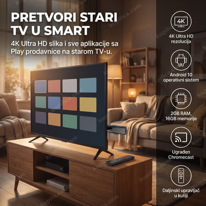android tv stick povezan na televizor u dnevnoj sobi sa daljinskim upravljačem, benefiti proizvoda
