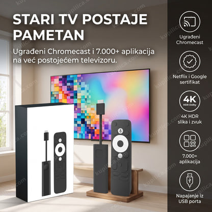 Crni Android TV stik i daljinski ispred televizora u svetloj dnevnoj sobi, benefiti proizvoda