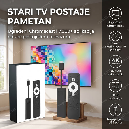 Crni Android TV stik i daljinski ispred televizora u svetloj dnevnoj sobi, benefiti proizvoda