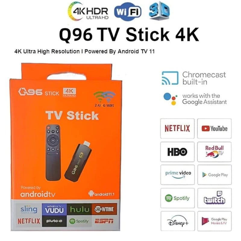 originalna kutija za pakovanje Q96 TV Stick 4K sa spiskom podržanih aplikacija