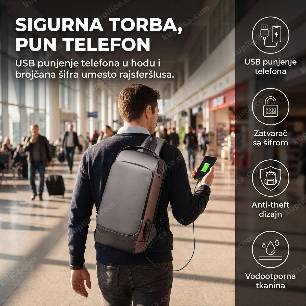 anti-theft usb torba sa šifrom na leđima putnika koji puni telefon, benefiti proizvoda
