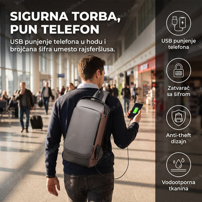 anti-theft usb torba sa šifrom na leđima putnika koji puni telefon, benefiti proizvoda