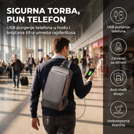 anti-theft usb torba sa šifrom na leđima putnika koji puni telefon, benefiti proizvoda