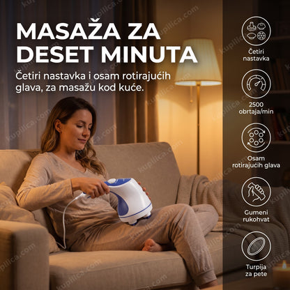 anticelulit masazer relax spin tone — žena masira butine na kauču kod kuće uveče, četiri nastavka i osam rotirajućih glava